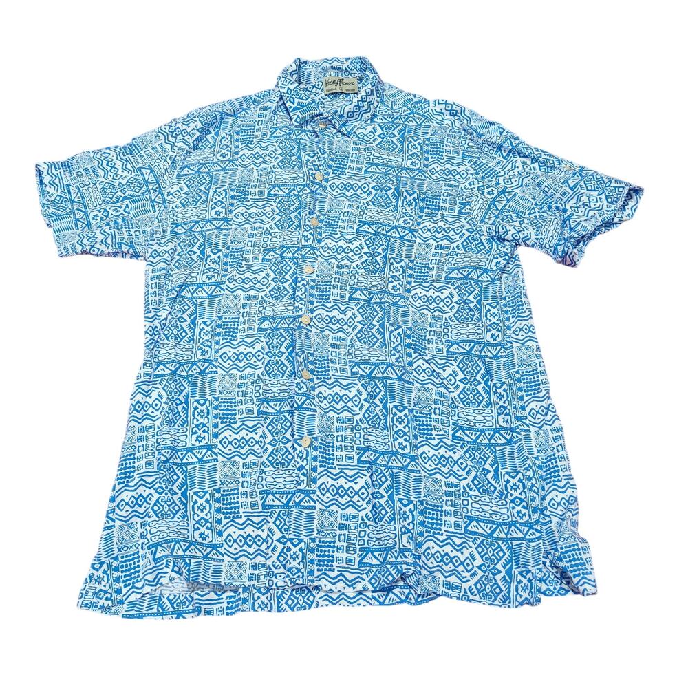 Kenny Flowers Shirt Mens Large Blue Shapes Rayon Island Classic Hawaiian Large